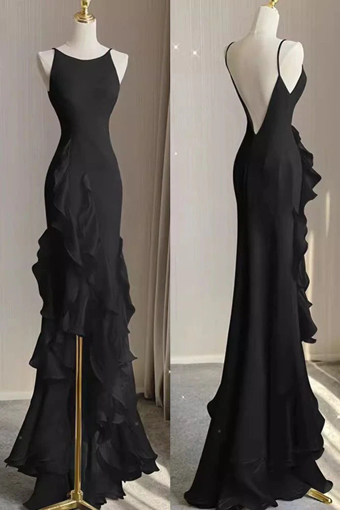 TingPo Wholesale Simple Mermaid Prom Gown With Ruffles Spaghetti Straps Backless Prom Dress For Date
